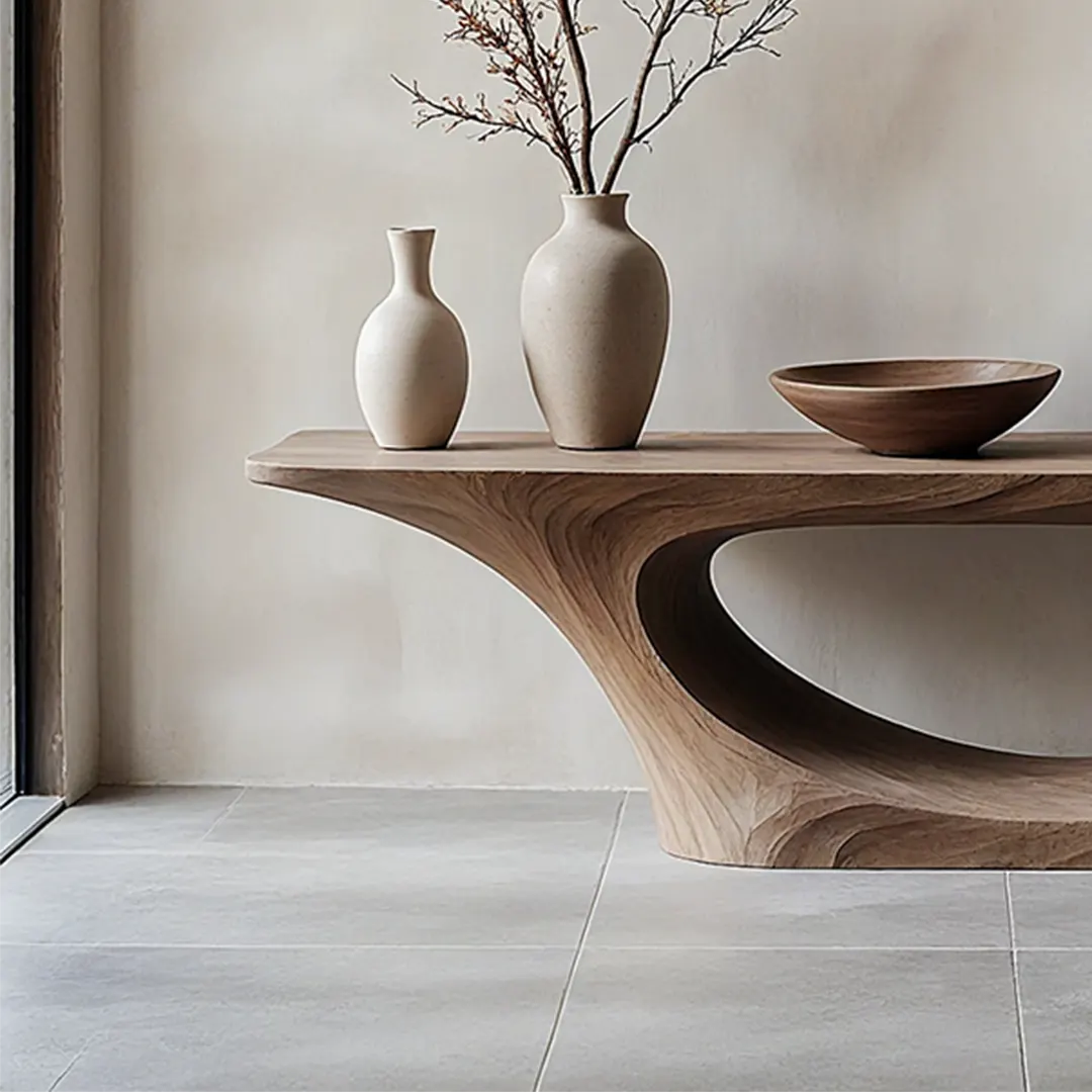 Sculptural Natural Solid Wood Console Table with Hand-Carved Flowing Base