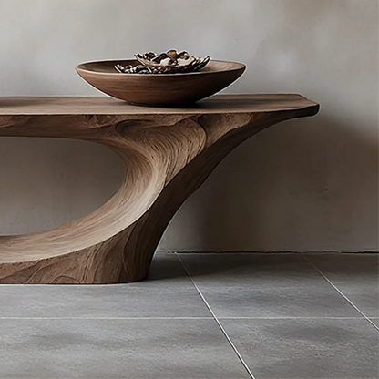 Sculptural Natural Solid Wood Console Table with Hand-Carved Flowing Base