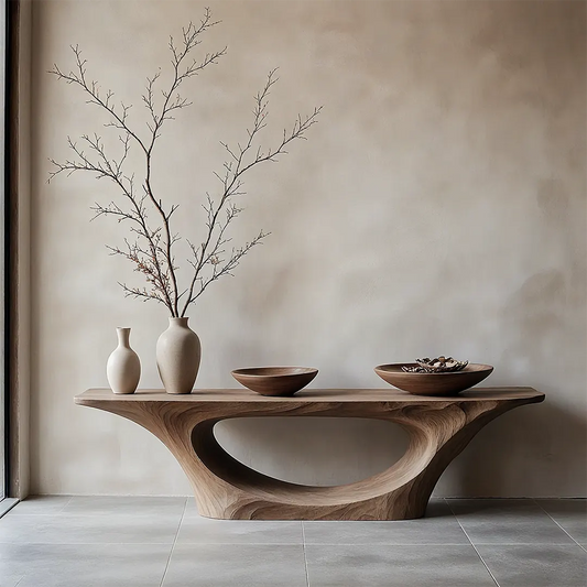 Sculptural Natural Solid Wood Console Table with Hand-Carved Flowing Base