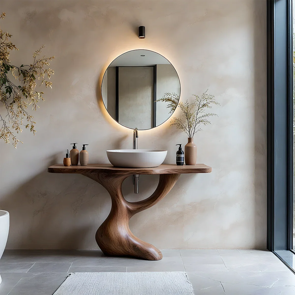 Sculptural Pedestal Wood Vanity – Organic Modern Bathroom Sink Table - Rustira