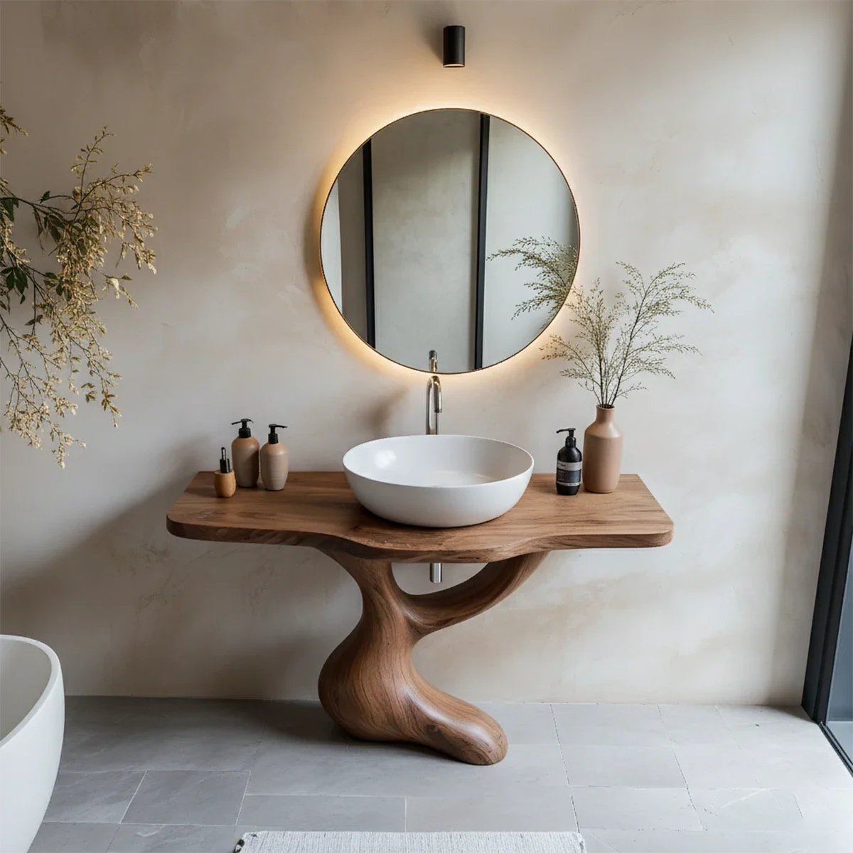 Sculptural Pedestal Wood Vanity – Organic Modern Bathroom Sink Table - Rustira