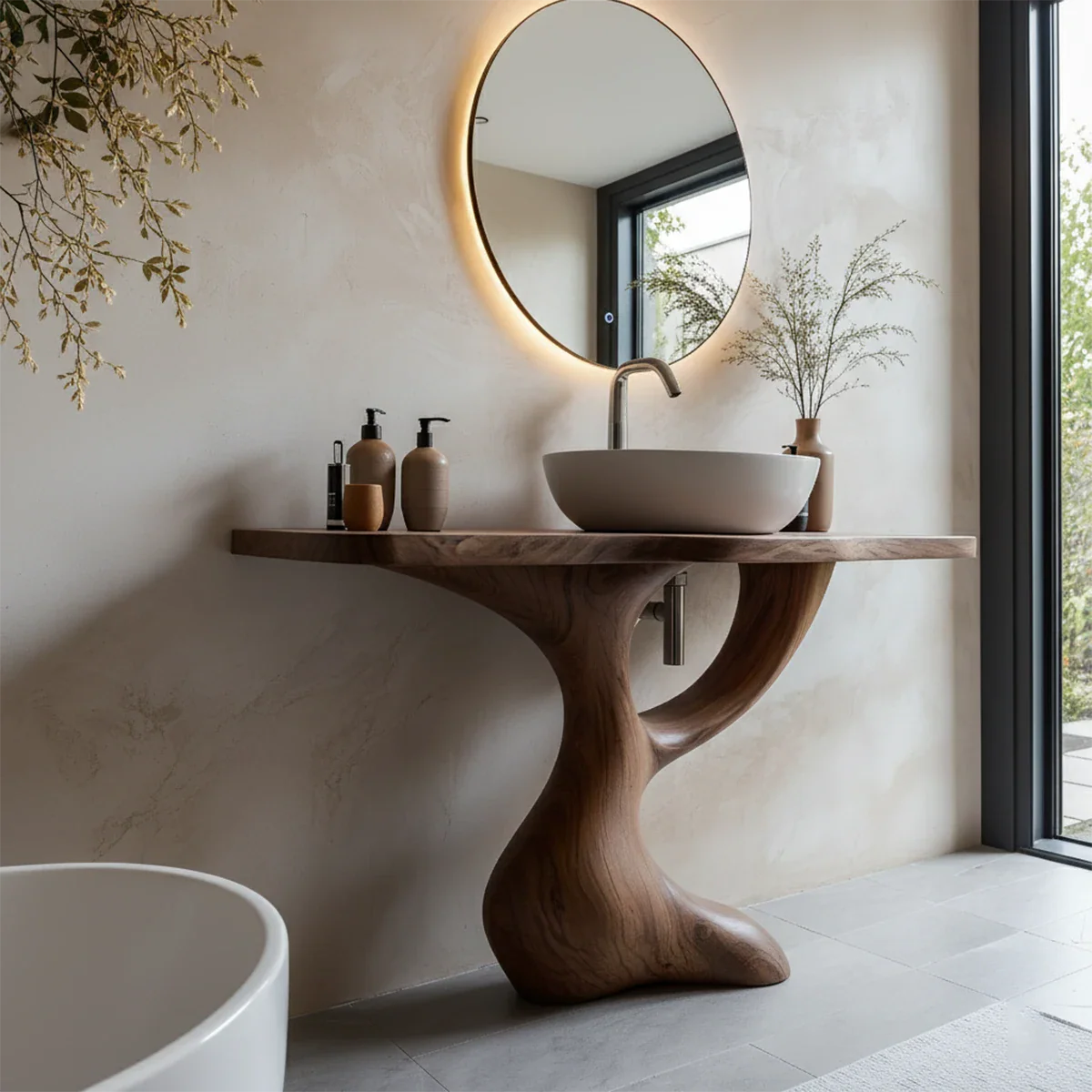 Sculptural Pedestal Wood Vanity – Organic Modern Bathroom Sink Table - Rustira