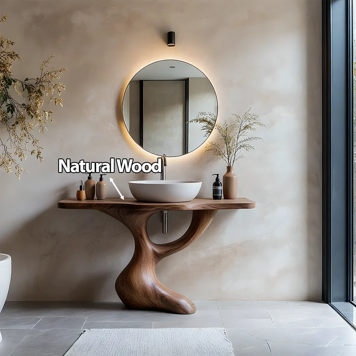 Sculptural Pedestal Wood Vanity – Organic Modern Bathroom Sink Table - Rustira