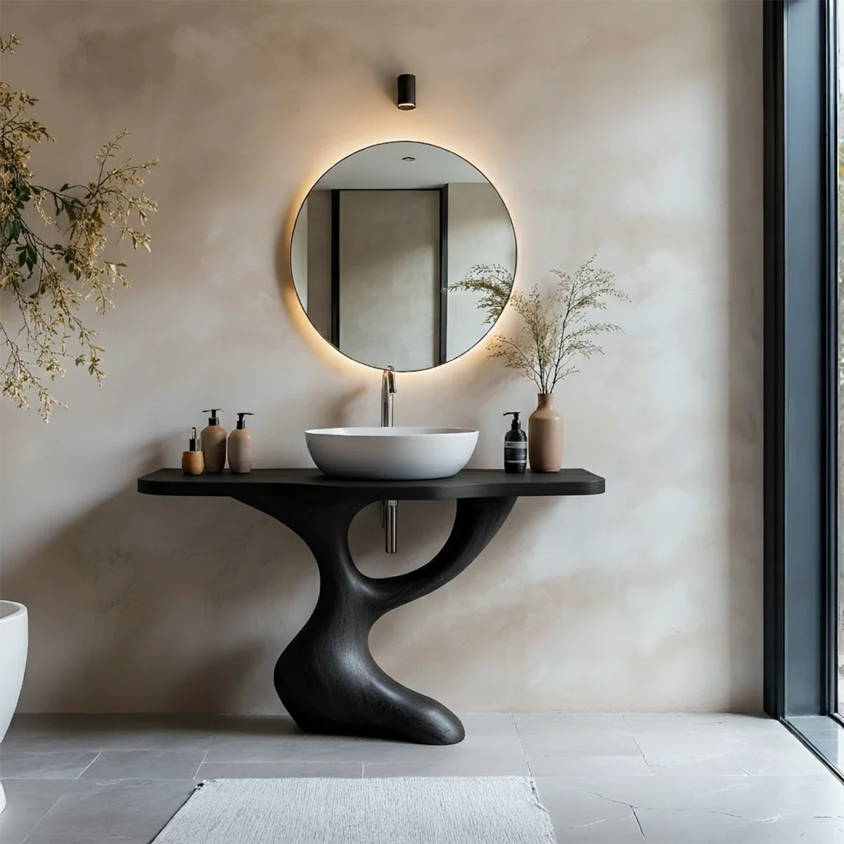 Sculptural Pedestal Wood Vanity – Organic Modern Bathroom Sink Table - Rustira