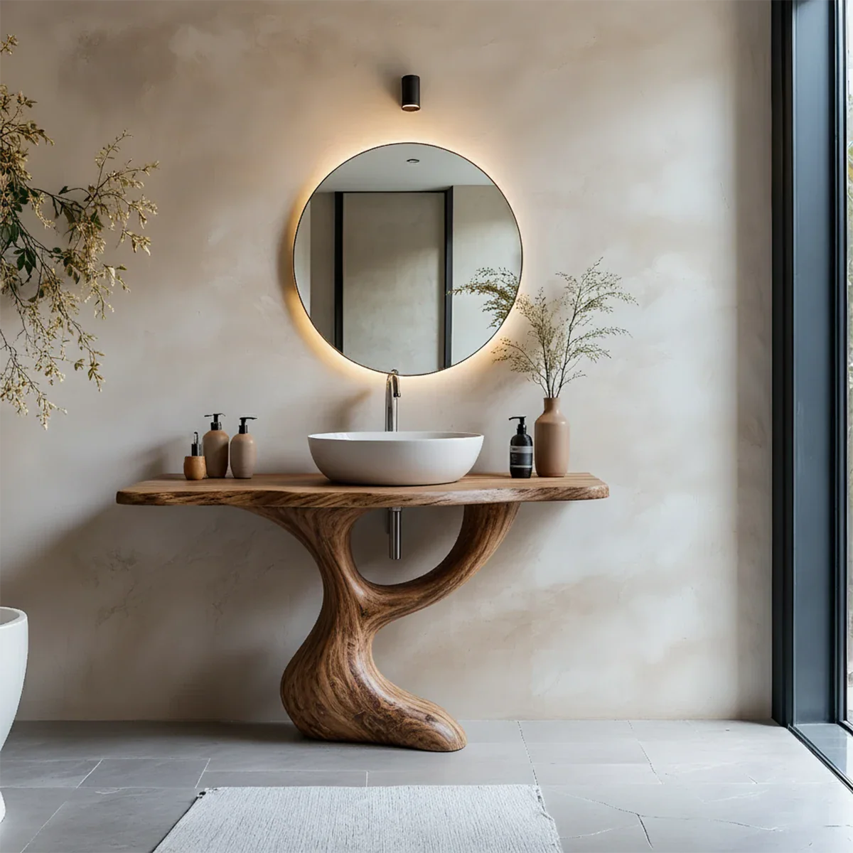 Sculptural Pedestal Wood Vanity – Organic Modern Bathroom Sink Table - Rustira