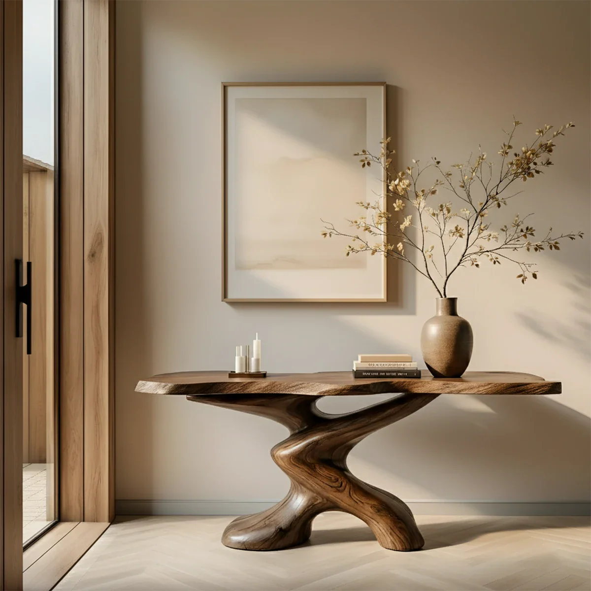 Sculptural Solid Wood Console Table — Organic Japandi Entryway Art Piece - Rustira