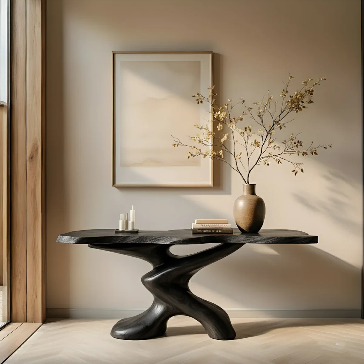 Sculptural Solid Wood Console Table — Organic Japandi Entryway Art Piece - Rustira