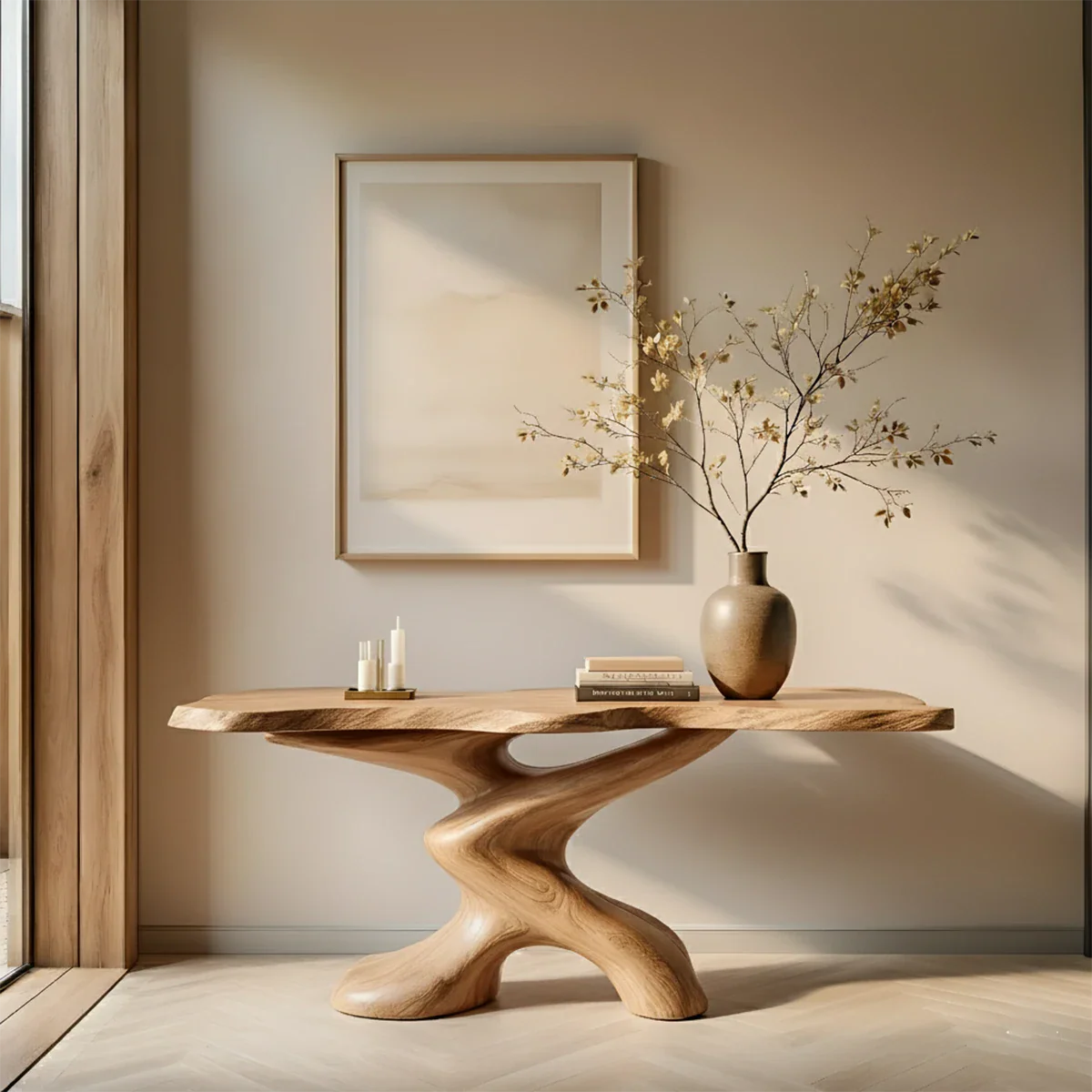 Sculptural Solid Wood Console Table — Organic Japandi Entryway Art Piece - Rustira