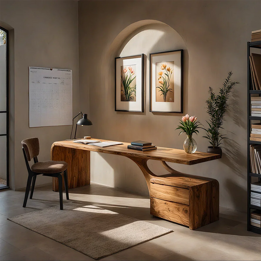 Sculptural Solid Wood Desk with Rustic Curved Base & Storage - Rustirawood