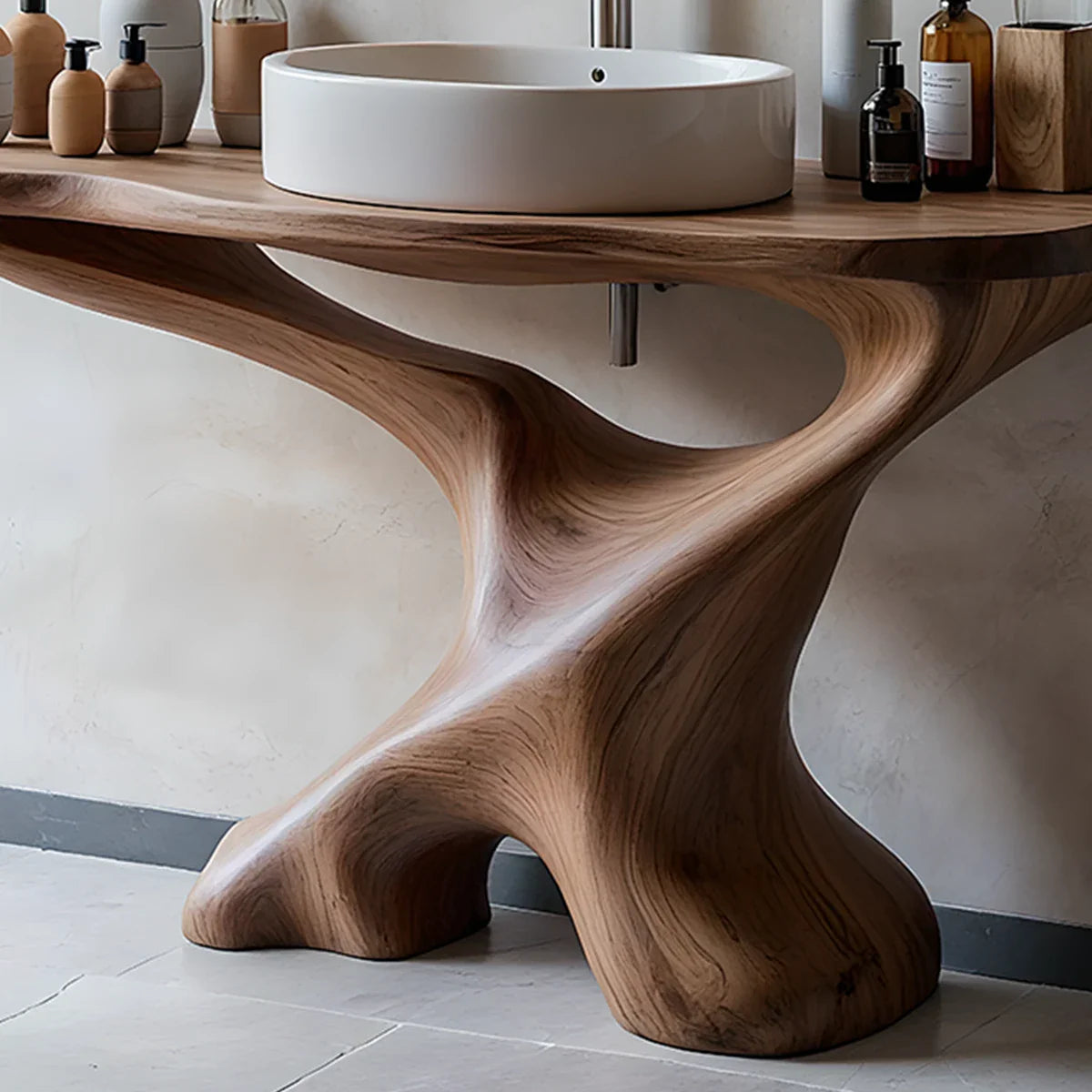 Sculptural Solid Wood Pedestal Vanity – Organic Modern Bathroom Sink Stand - Rustira