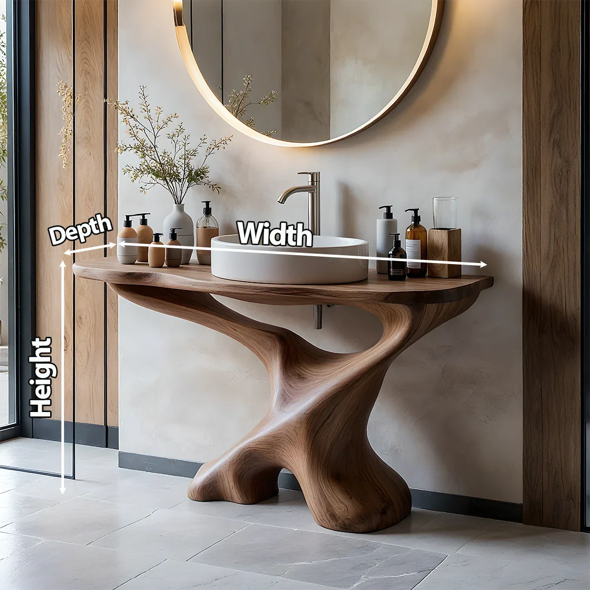 Sculptural Solid Wood Pedestal Vanity – Organic Modern Bathroom Sink Stand - Rustira