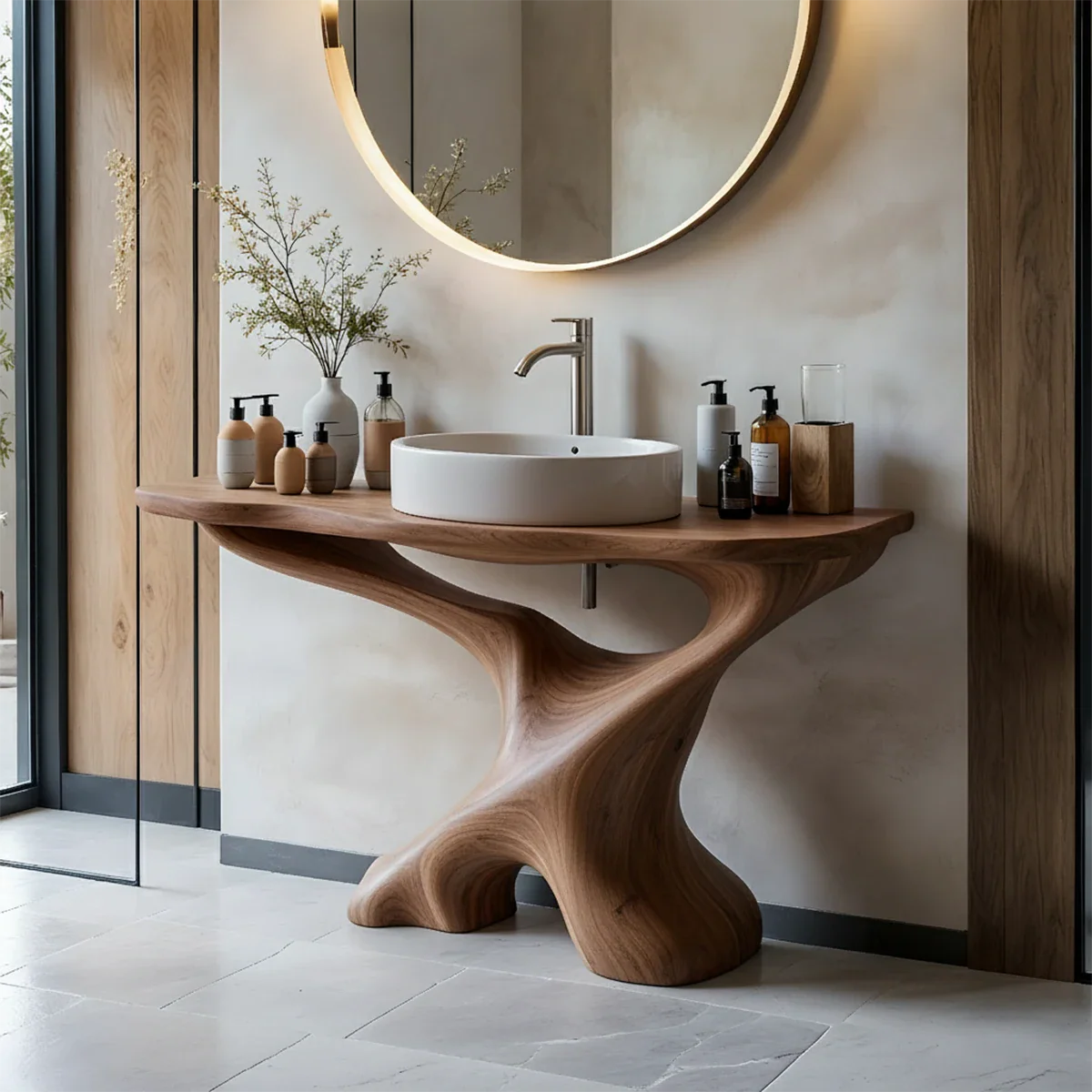 Sculptural Solid Wood Pedestal Vanity – Organic Modern Bathroom Sink Stand - Rustira