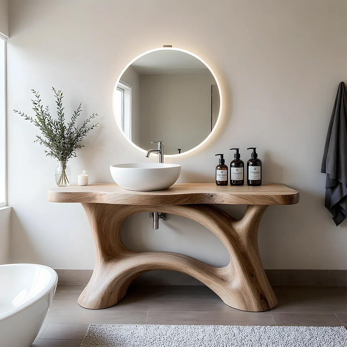 Sculptural Solid Wood Vanity with Organic Arched Base - Rustira