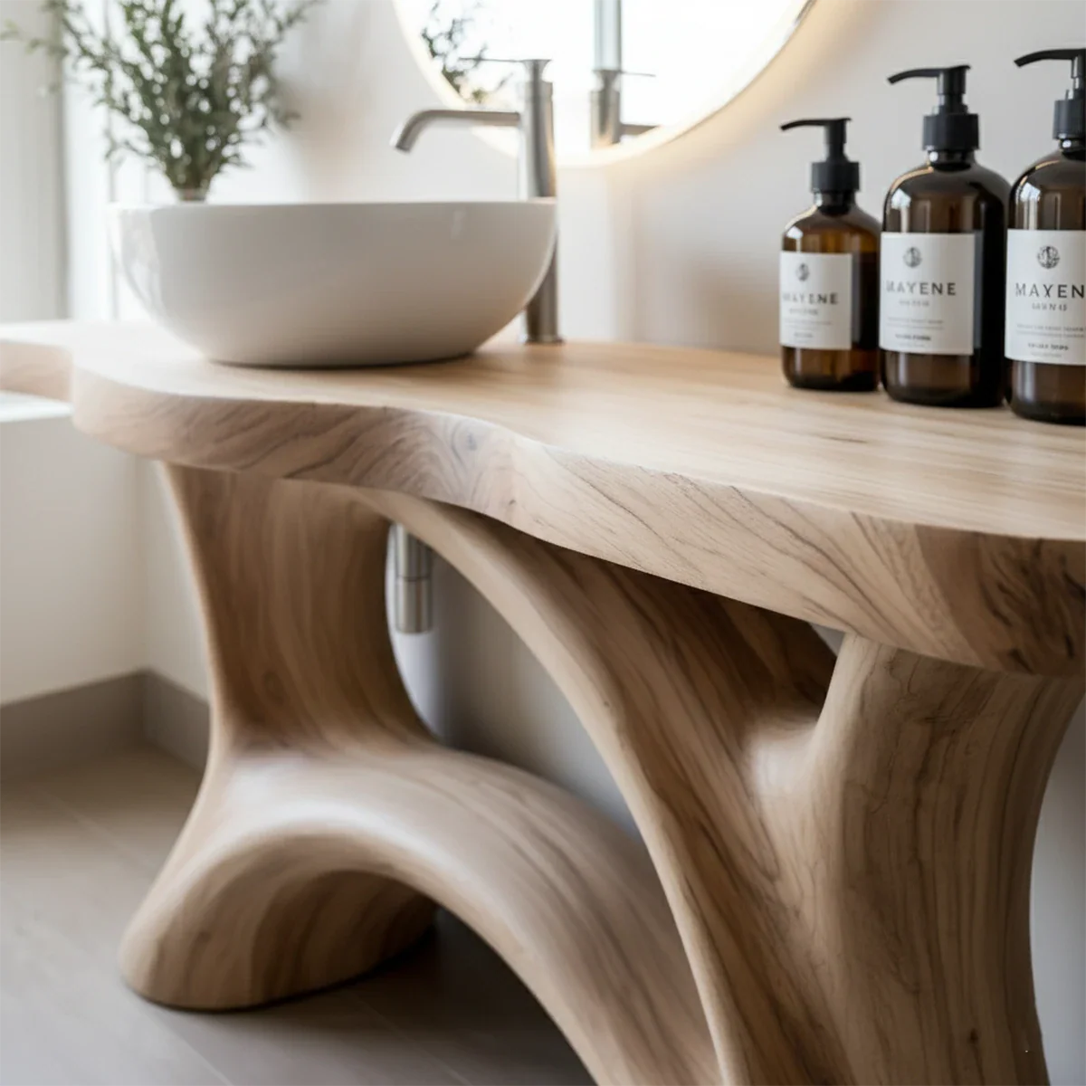 Sculptural Solid Wood Vanity with Organic Arched Base - Rustira