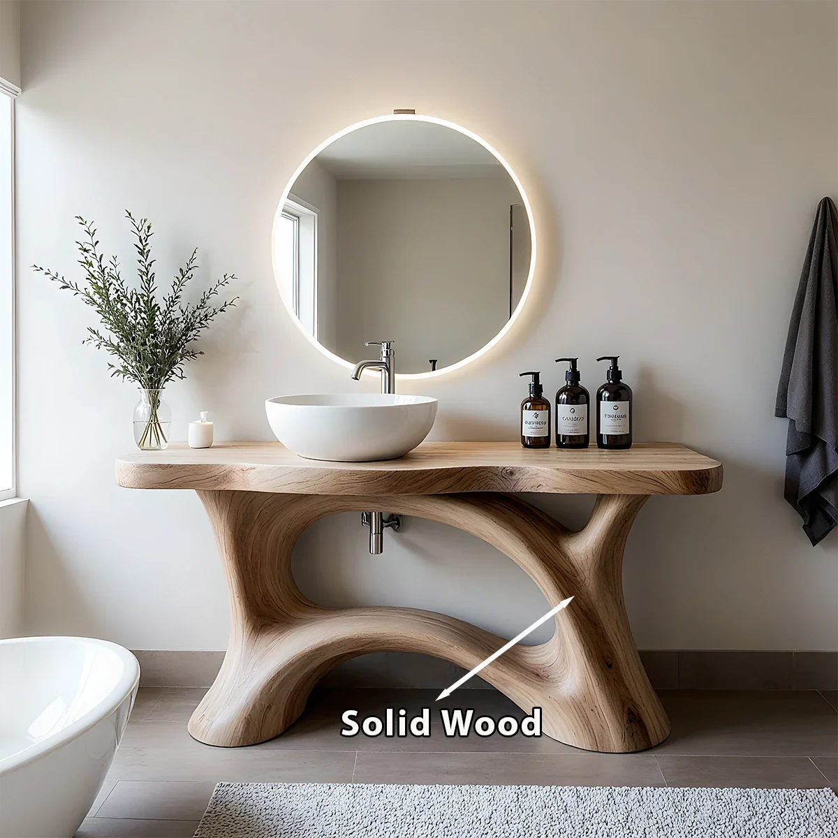 Sculptural Solid Wood Vanity with Organic Arched Base - Rustira