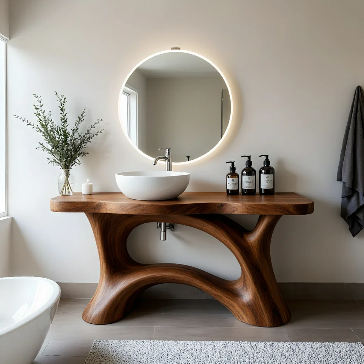 Sculptural Solid Wood Vanity with Organic Arched Base - Rustira