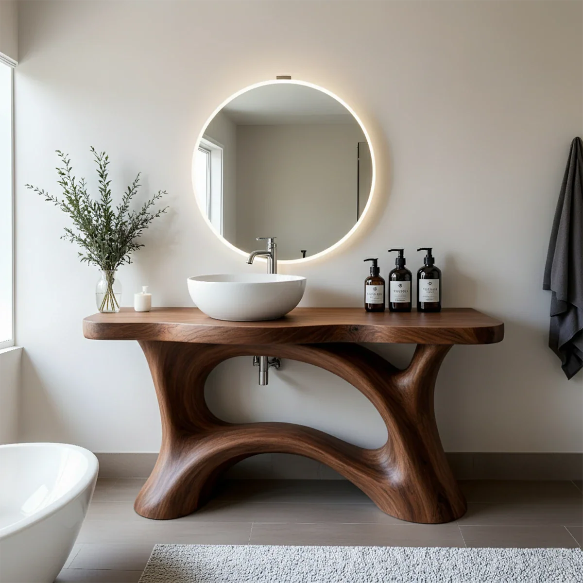 Sculptural Solid Wood Vanity with Organic Arched Base - Rustira