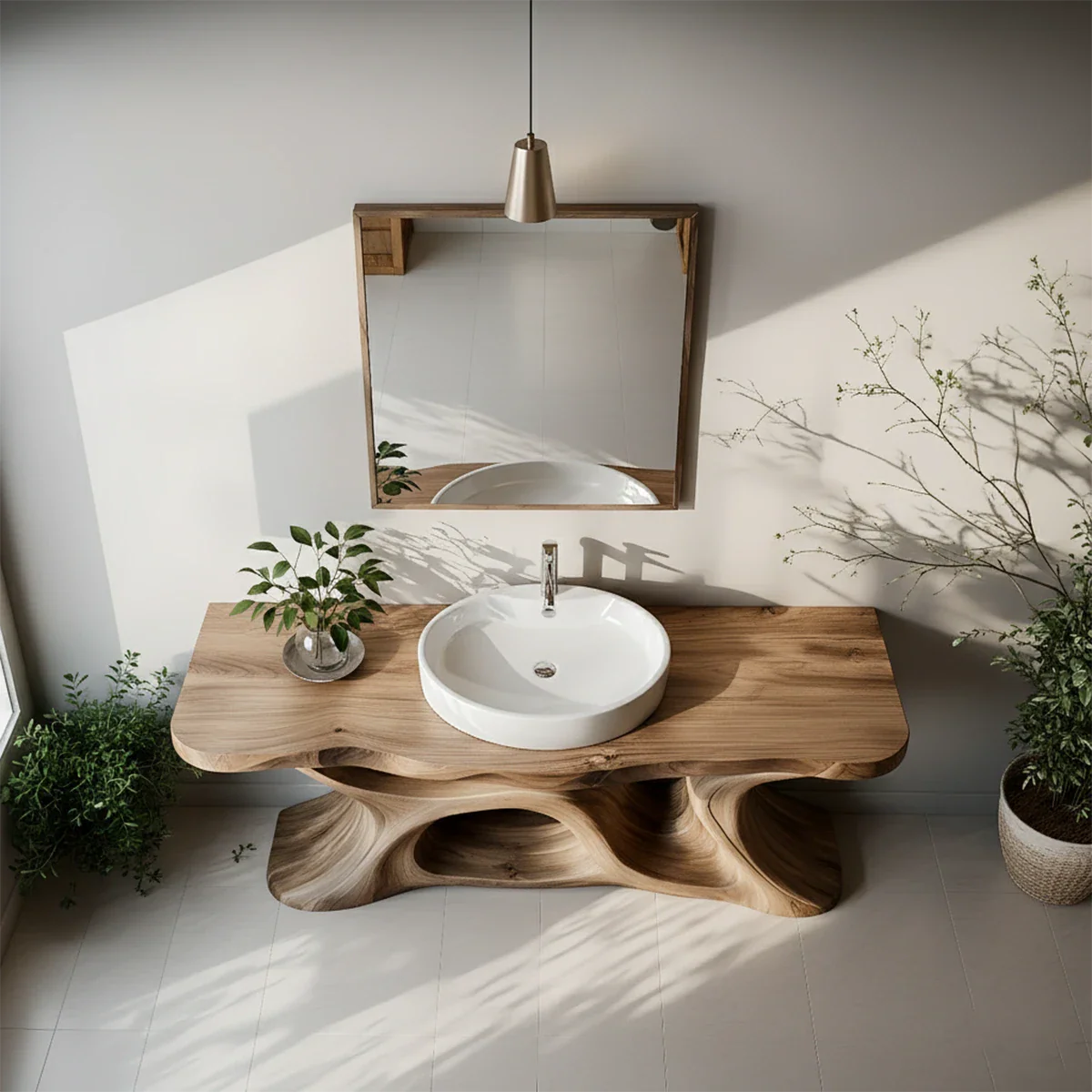 Sculptural Solid Wood Vanity with Organic Loop Base - Rustira