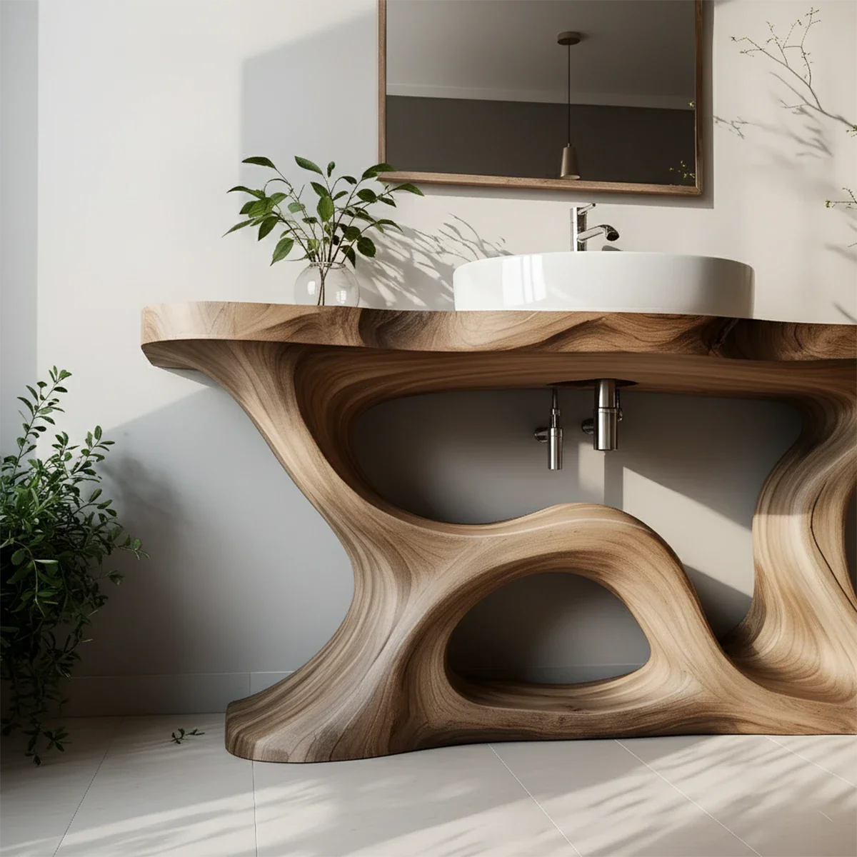 Sculptural Solid Wood Vanity with Organic Loop Base - Rustira