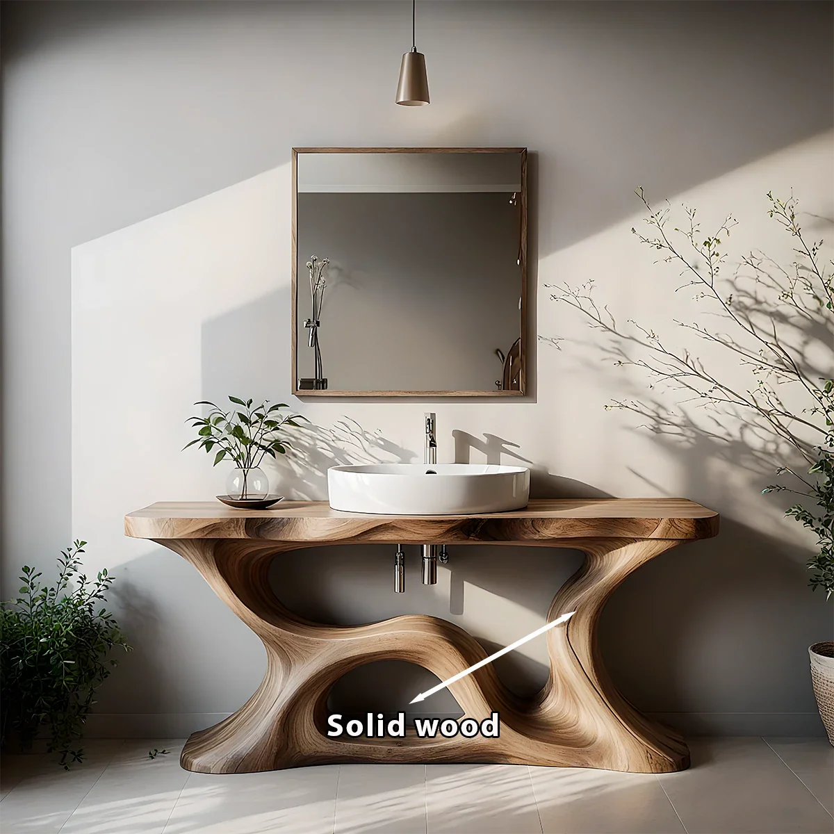 Sculptural Solid Wood Vanity with Organic Loop Base - Rustira