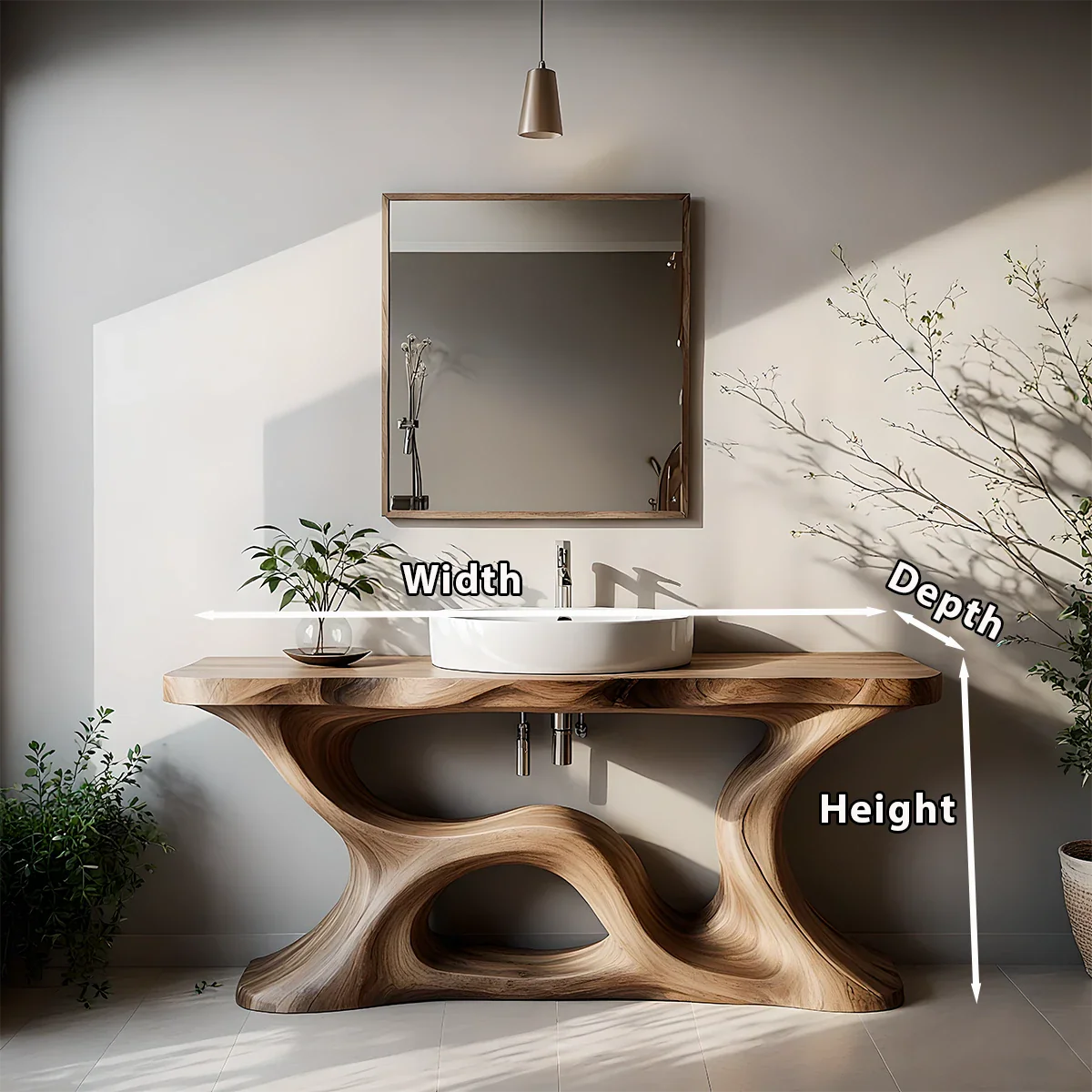 Sculptural Solid Wood Vanity with Organic Loop Base - Rustira