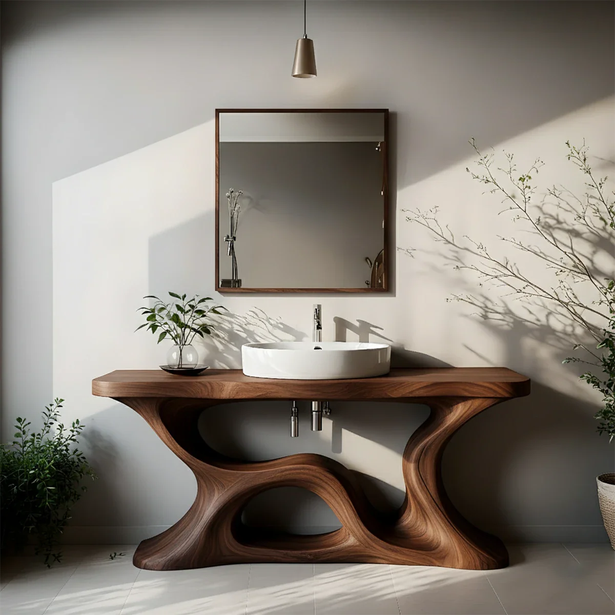 Sculptural Solid Wood Vanity with Organic Loop Base - Rustira