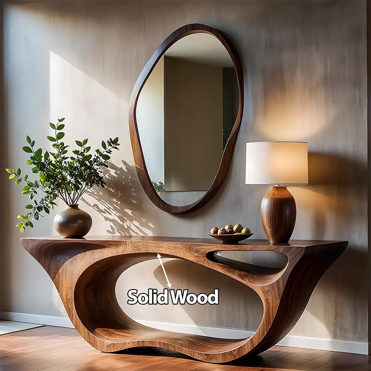 Sculptural Walnut Console Table – Double Loop Wood Design - Rustira