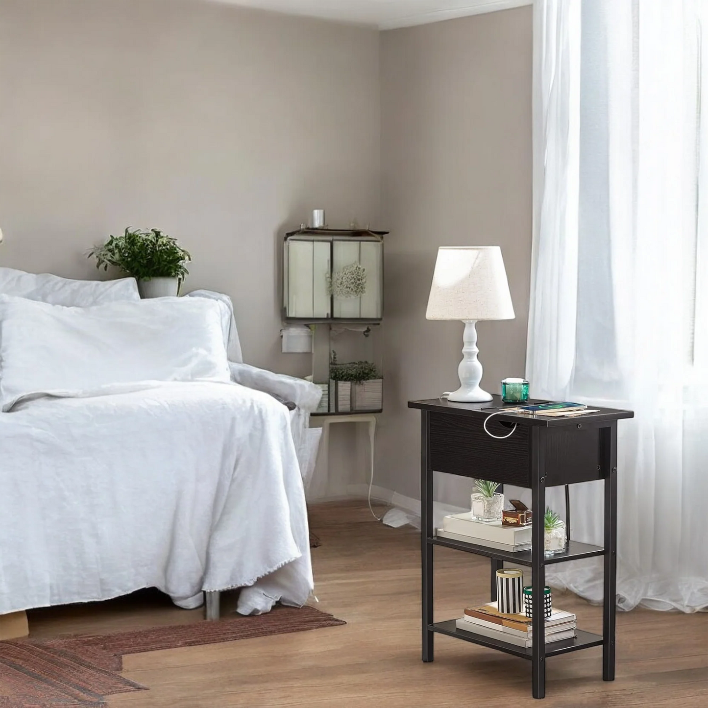 Smart Charging Nightstand with Hidden Storage & USB Ports 
