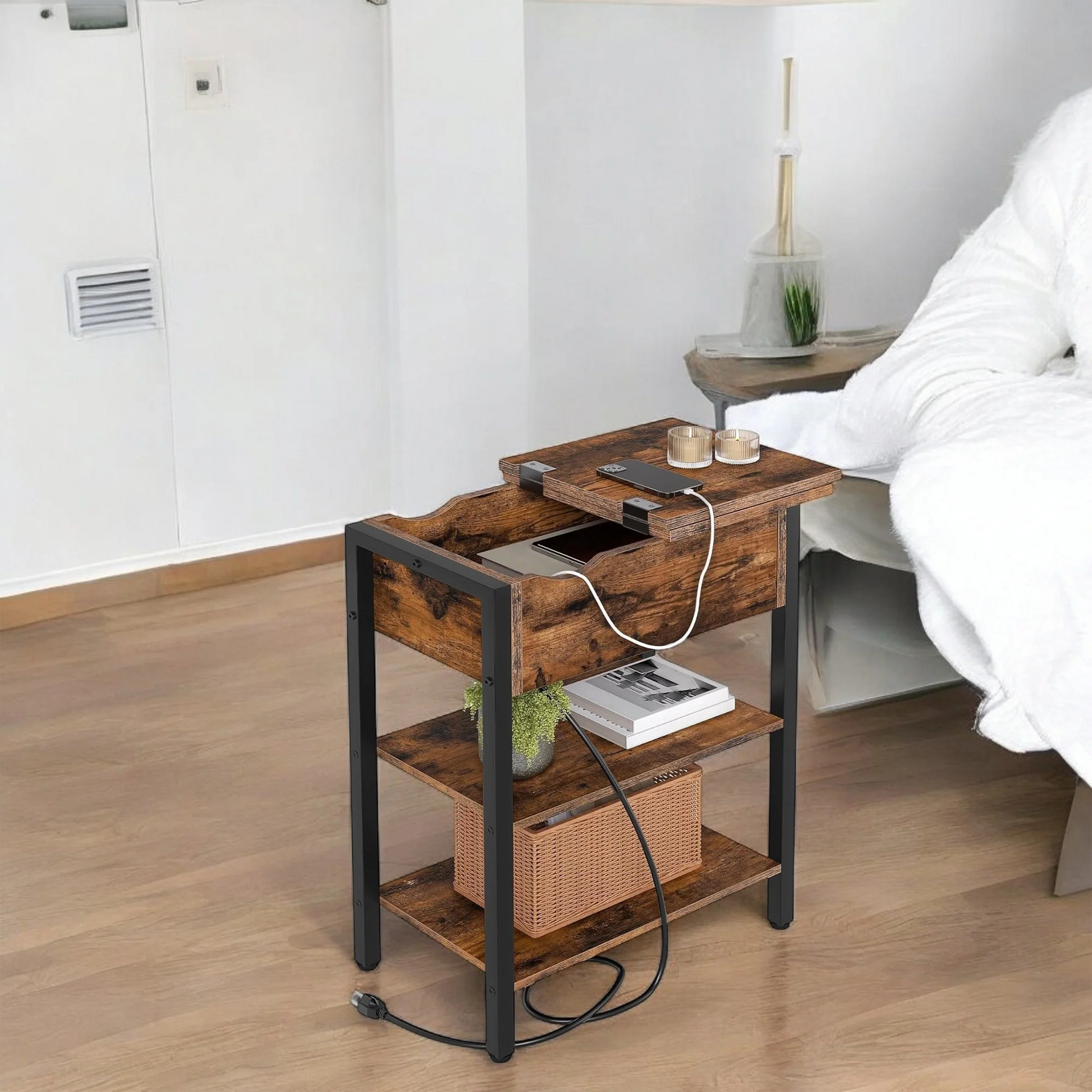 Smart Charging Nightstand with Hidden Storage & USB Ports 