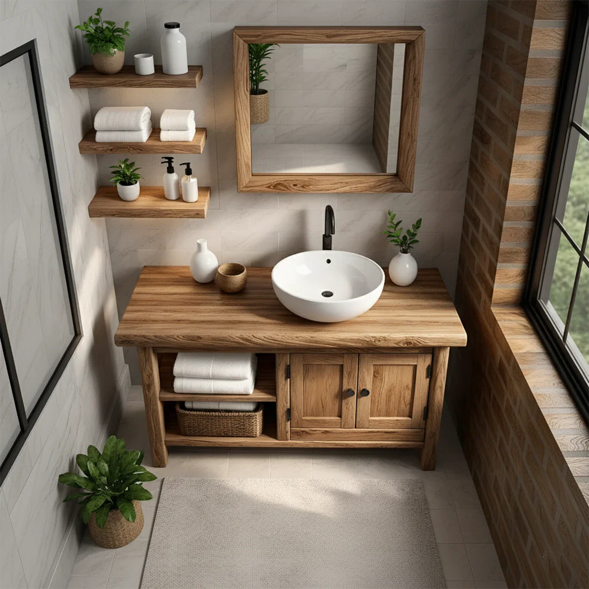 Solid Oak Bathroom Vanity – Natural Wood Cabinet with Open Shelf - Rustira