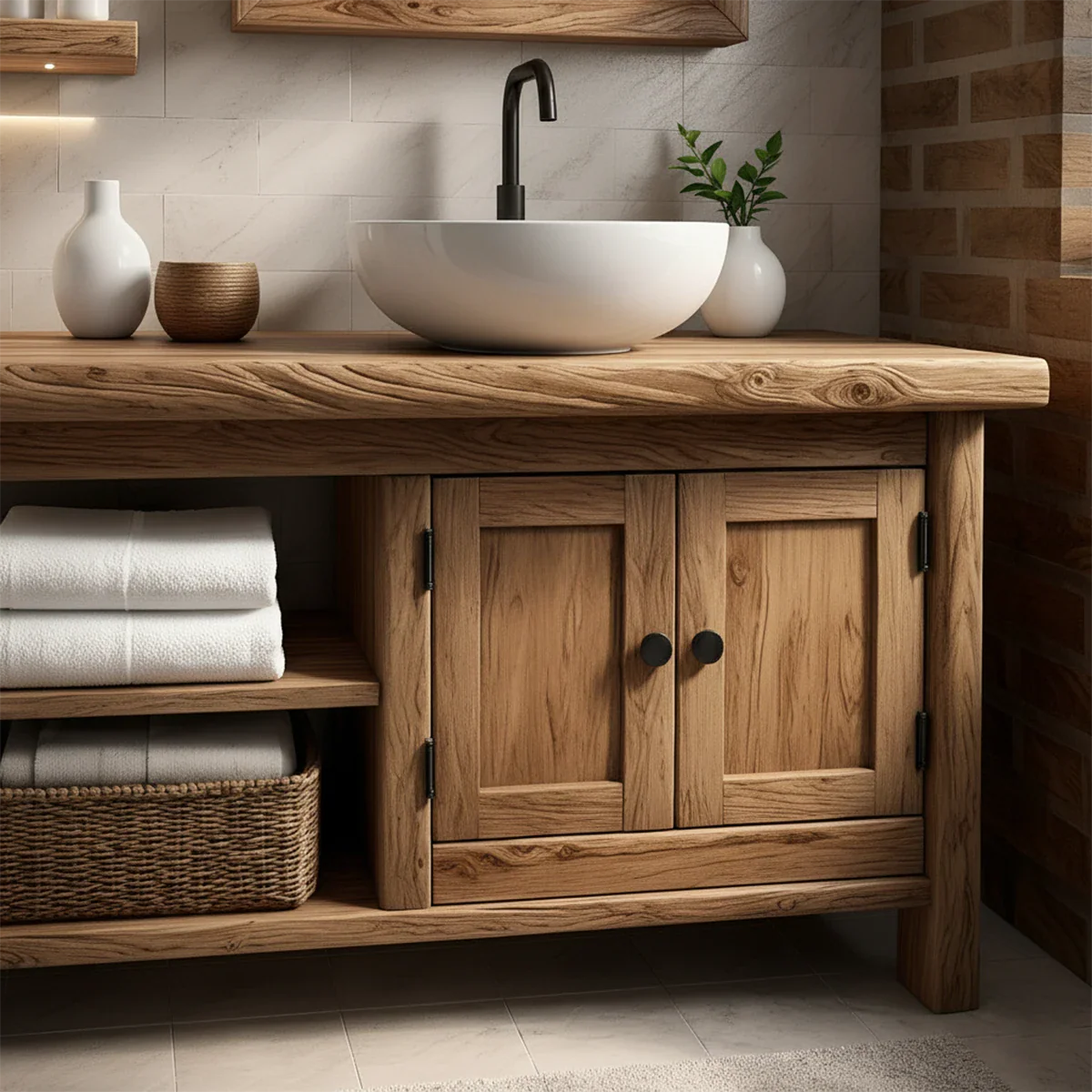 Solid Oak Bathroom Vanity – Natural Wood Cabinet with Open Shelf - Rustira
