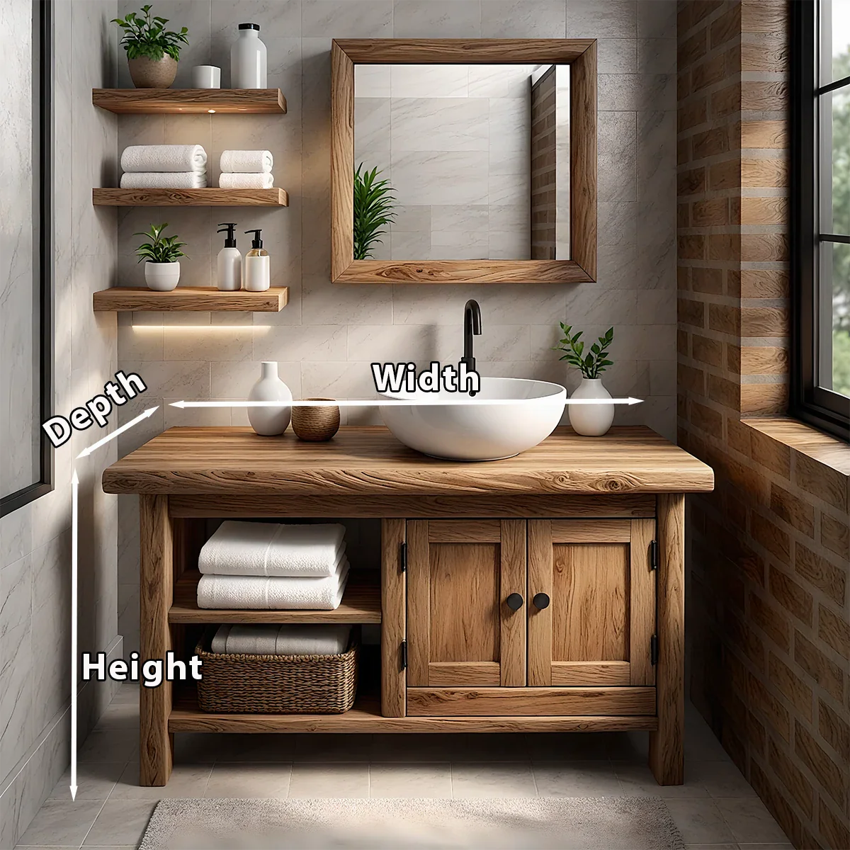 Solid Oak Bathroom Vanity – Natural Wood Cabinet with Open Shelf - Rustira