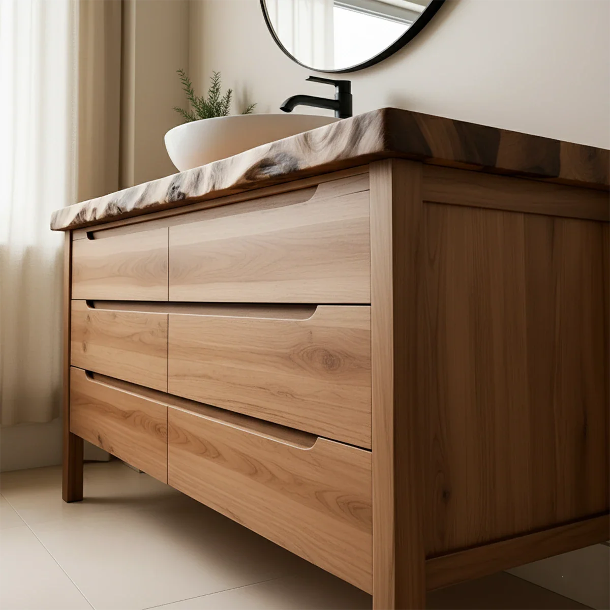 Solid Wood Bathroom Vanity with Live-Edge Countertop - Rustira