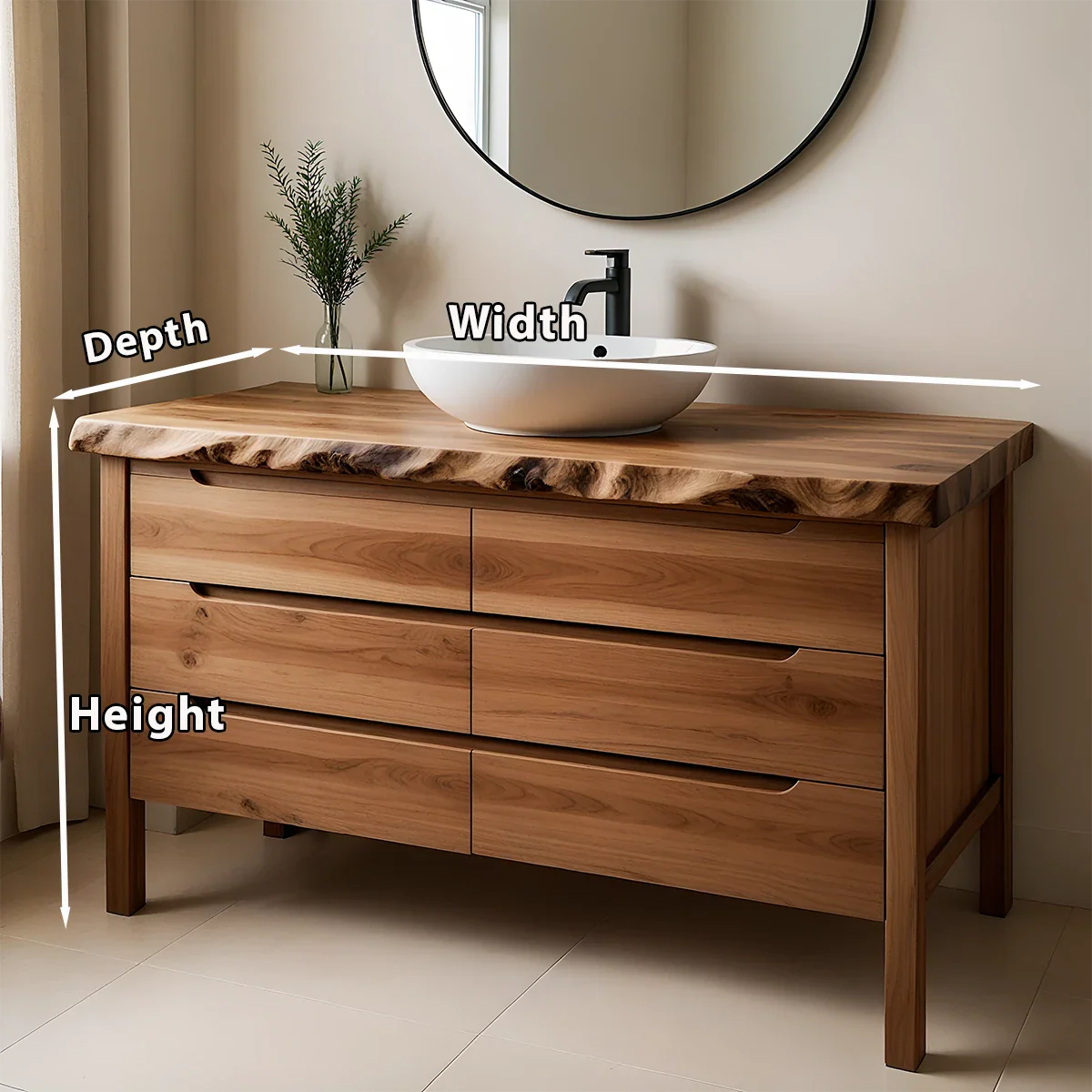 Solid Wood Bathroom Vanity with Live-Edge Countertop - Rustira