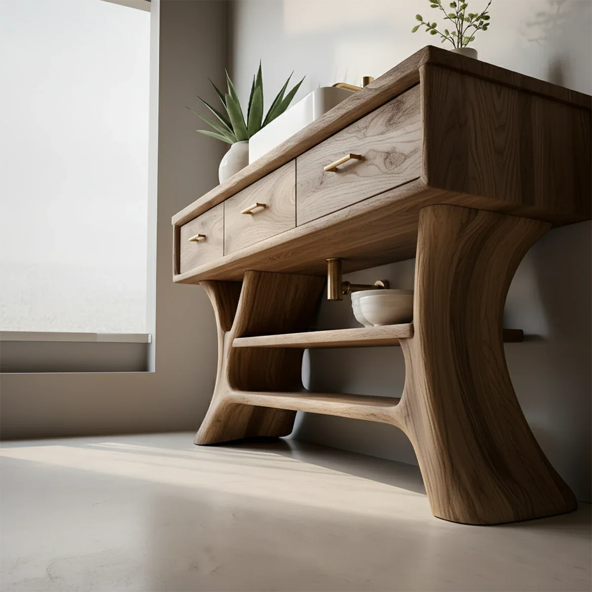 Solid Wood Bathroom Vanity with Sculpted Base & Storage Drawers - Rustira