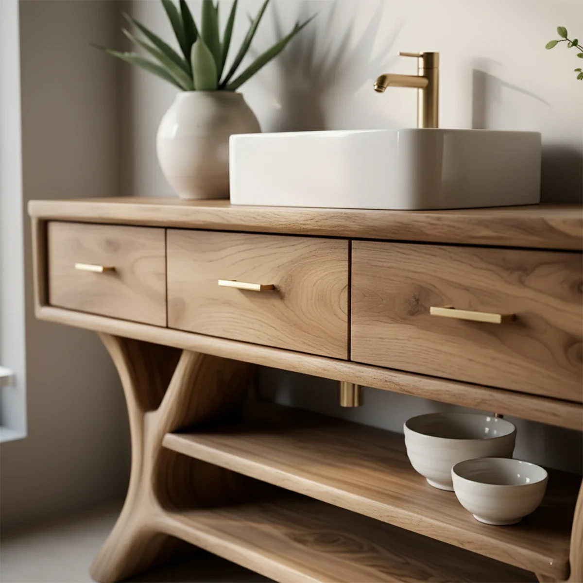 Solid Wood Bathroom Vanity with Sculpted Base & Storage Drawers - Rustira