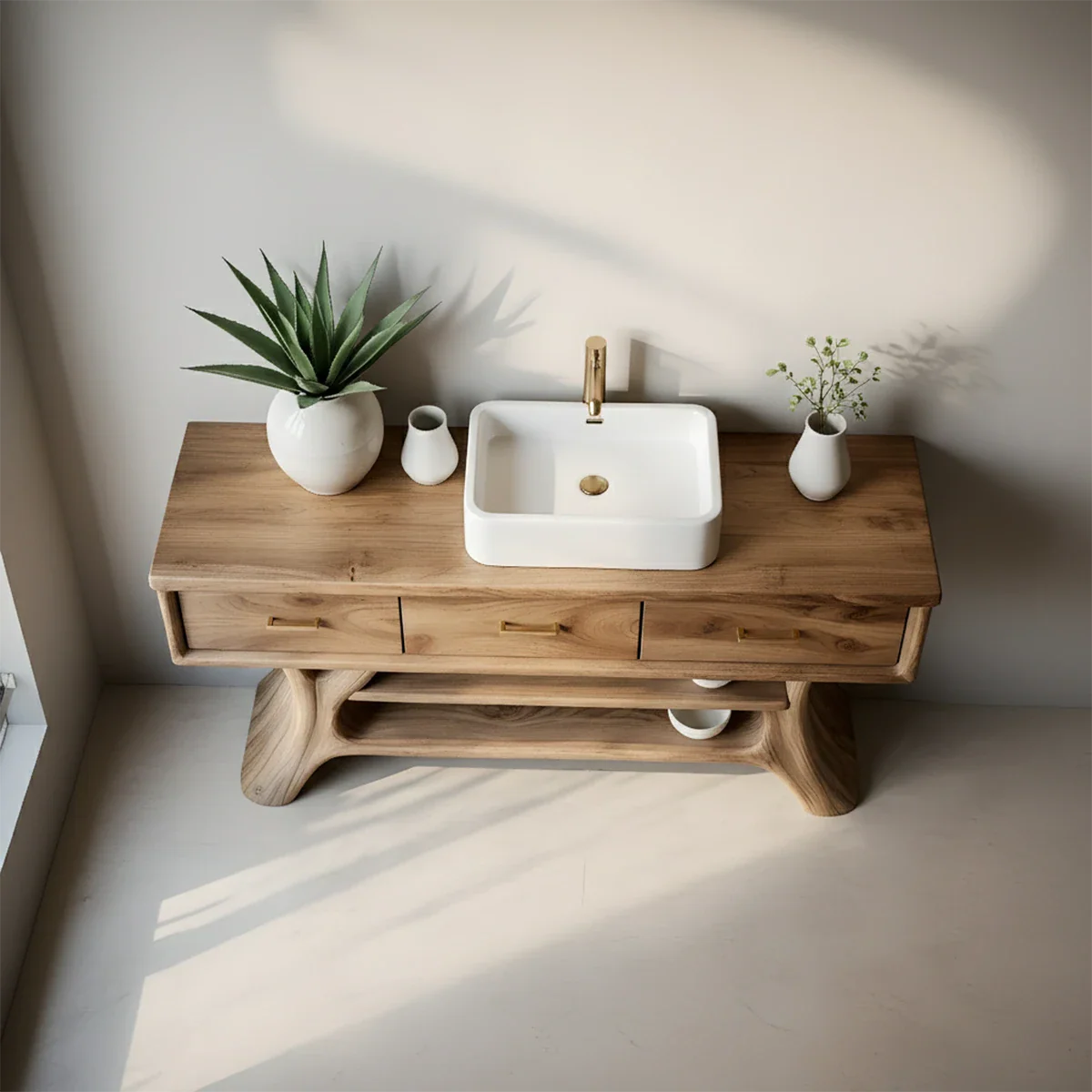 Solid Wood Bathroom Vanity with Sculpted Base & Storage Drawers - Rustira