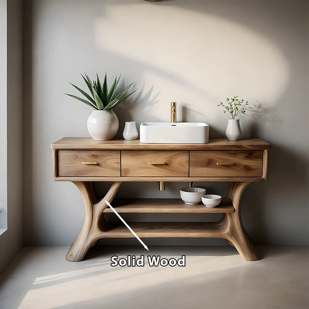 Solid Wood Bathroom Vanity with Sculpted Base & Storage Drawers - Rustira