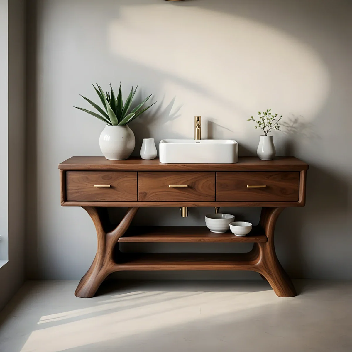 Solid Wood Bathroom Vanity with Sculpted Base & Storage Drawers - Rustira
