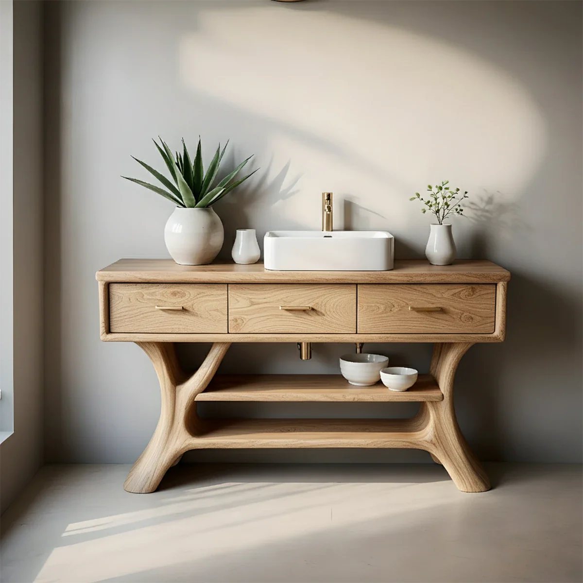 Solid Wood Bathroom Vanity with Sculpted Base & Storage Drawers - Rustira