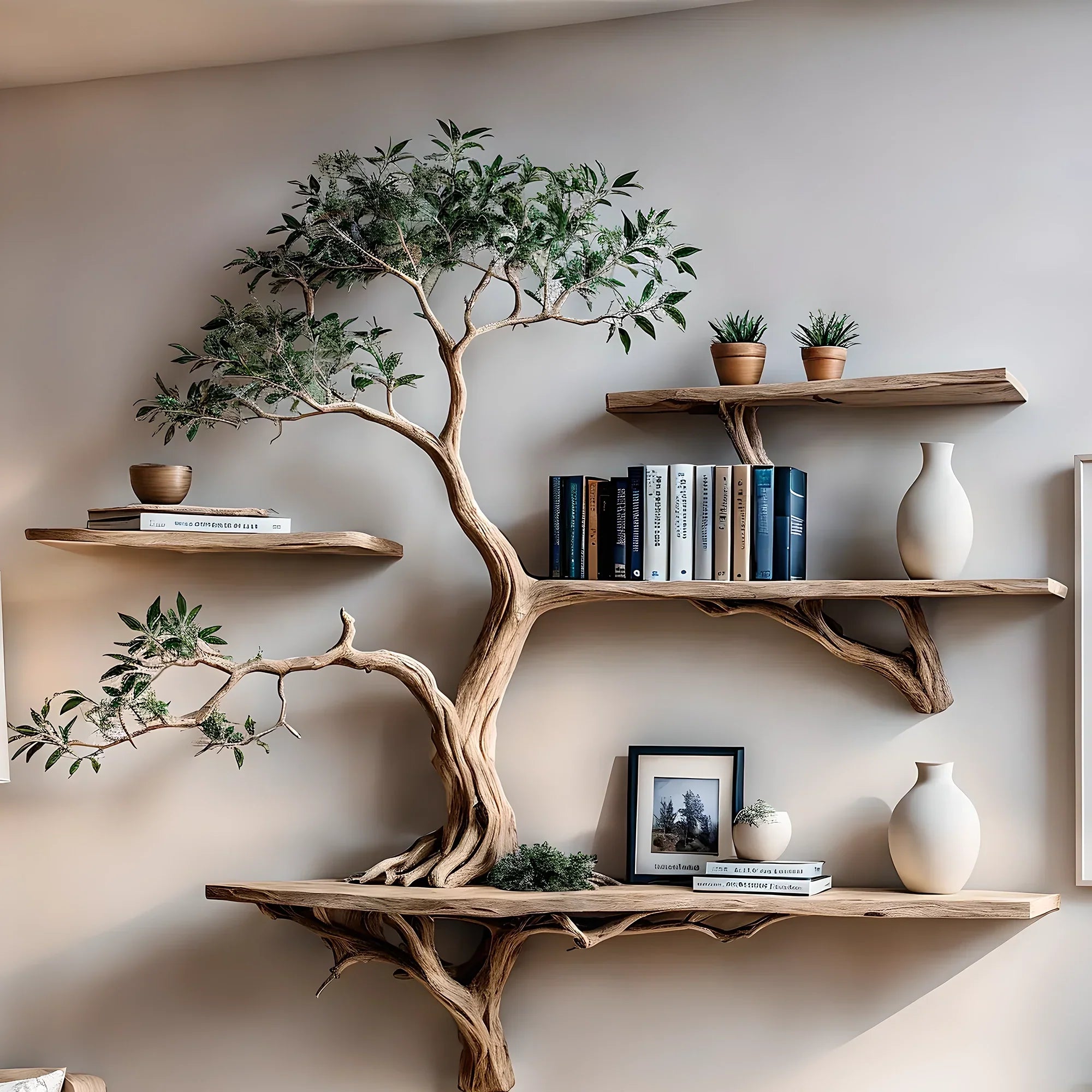 '-Bookshelf decorated with tree branches Solid wooden bookshelf for decoration 