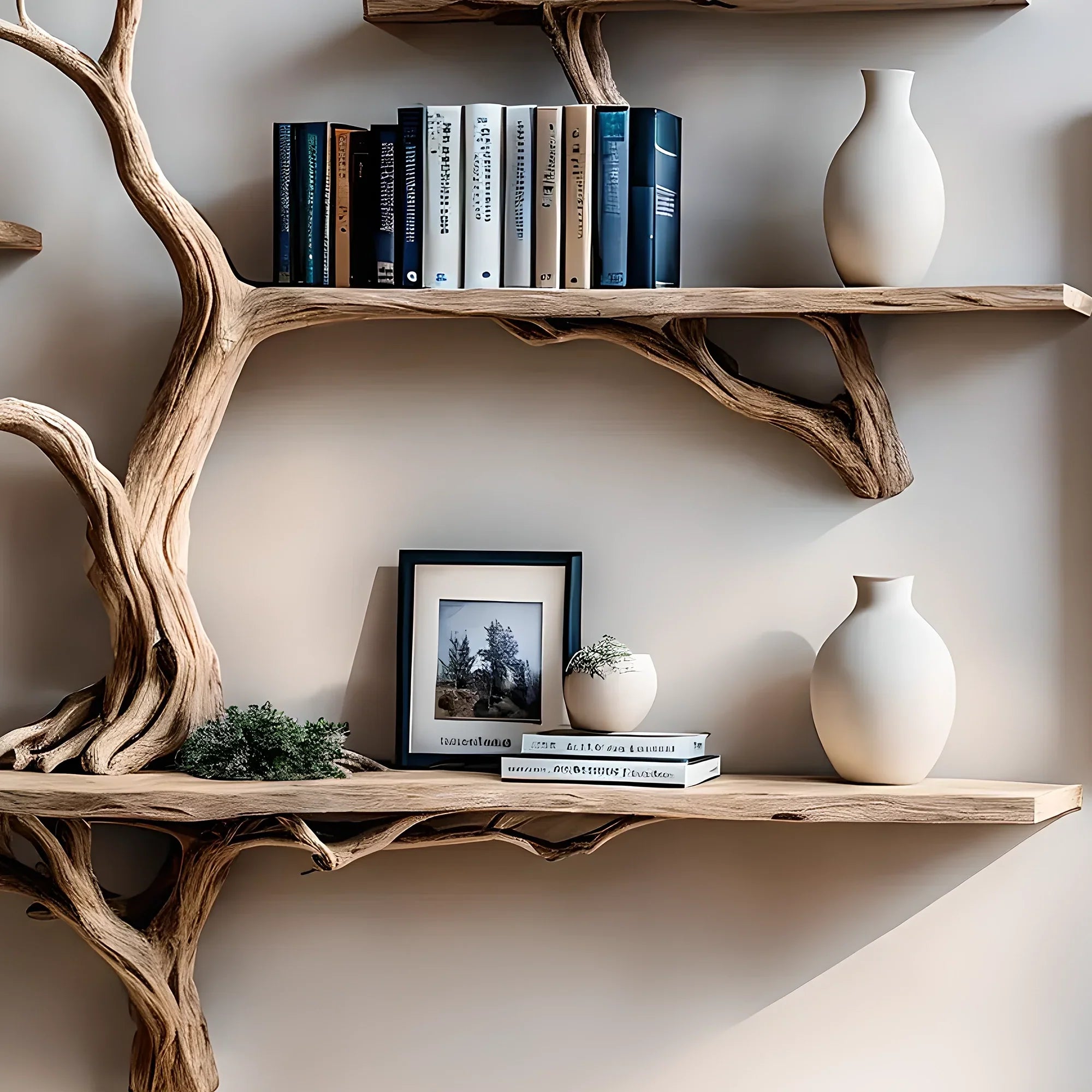 '-Bookshelf decorated with tree branches Solid wooden bookshelf for decoration 