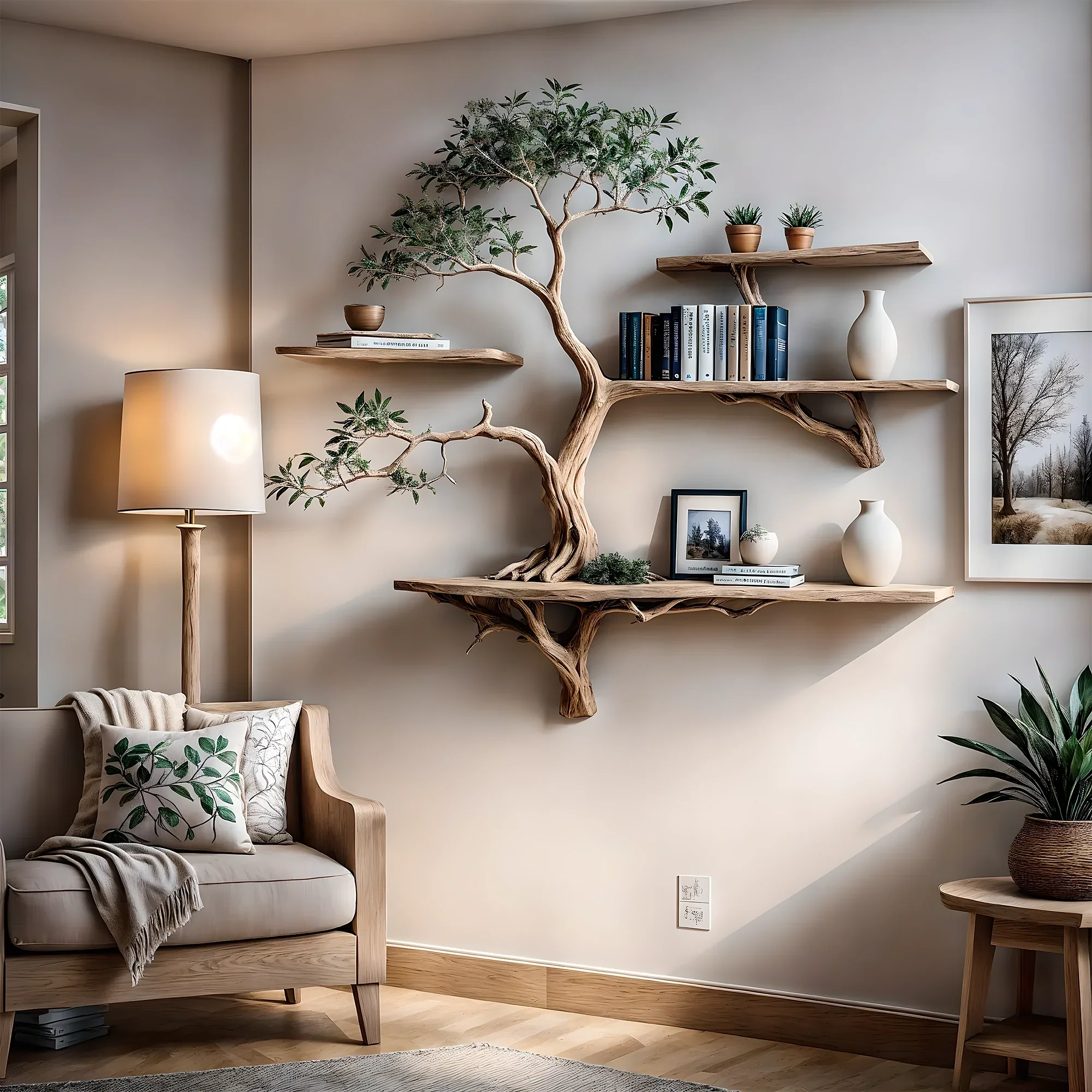 '-Bookshelf decorated with tree branches Solid wooden bookshelf for decoration 