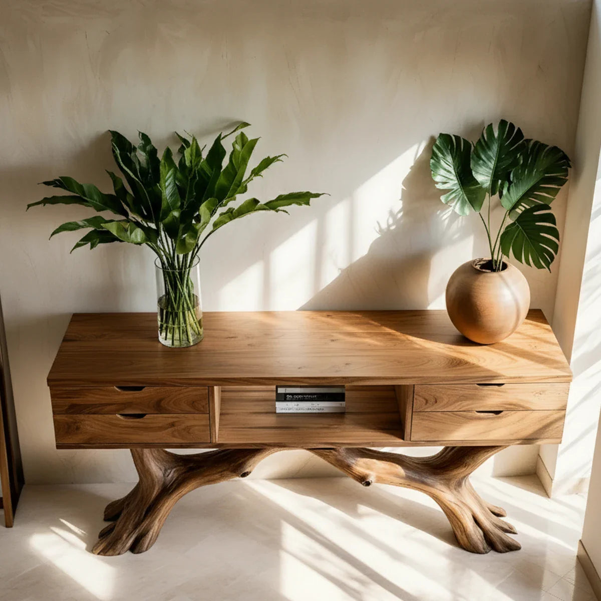 Solid Wood Console Table with Branch-Form Base & Storage Drawers - Rustira