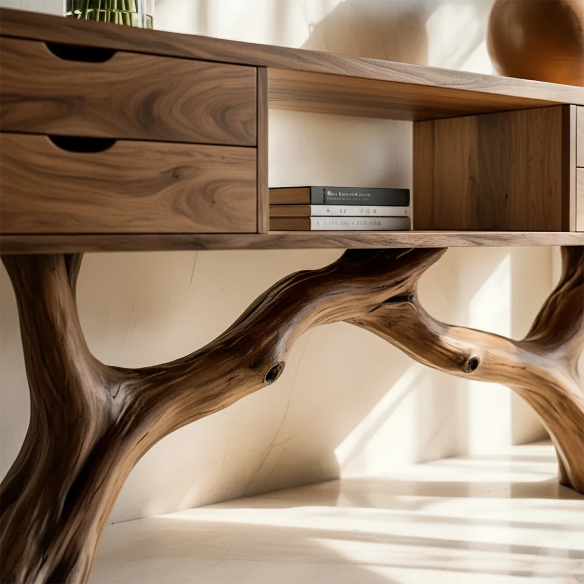 Solid Wood Console Table with Branch-Form Base & Storage Drawers - Rustira