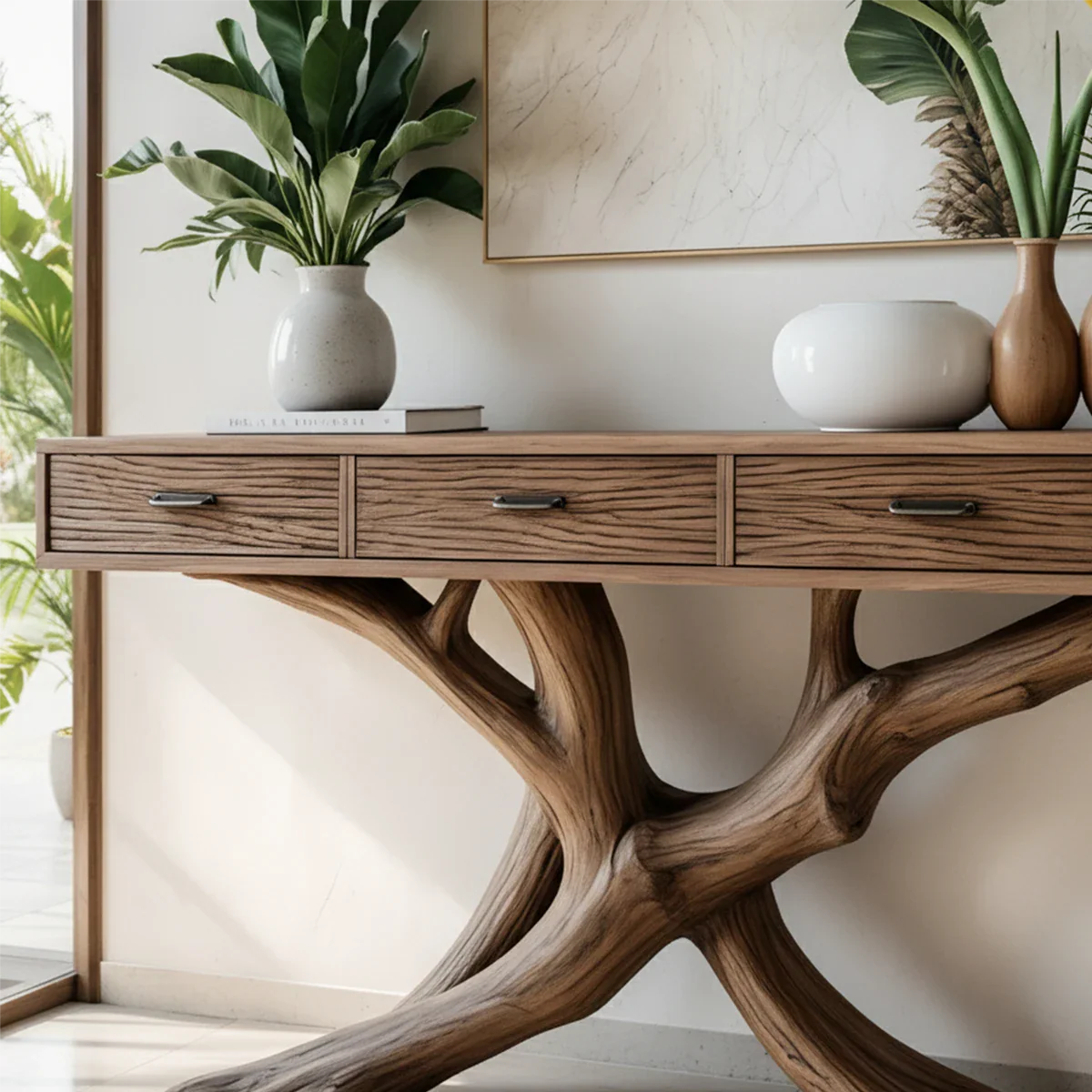Solid Wood Console Table with Branch-Inspired Sculptural Base & Drawers - Rustira