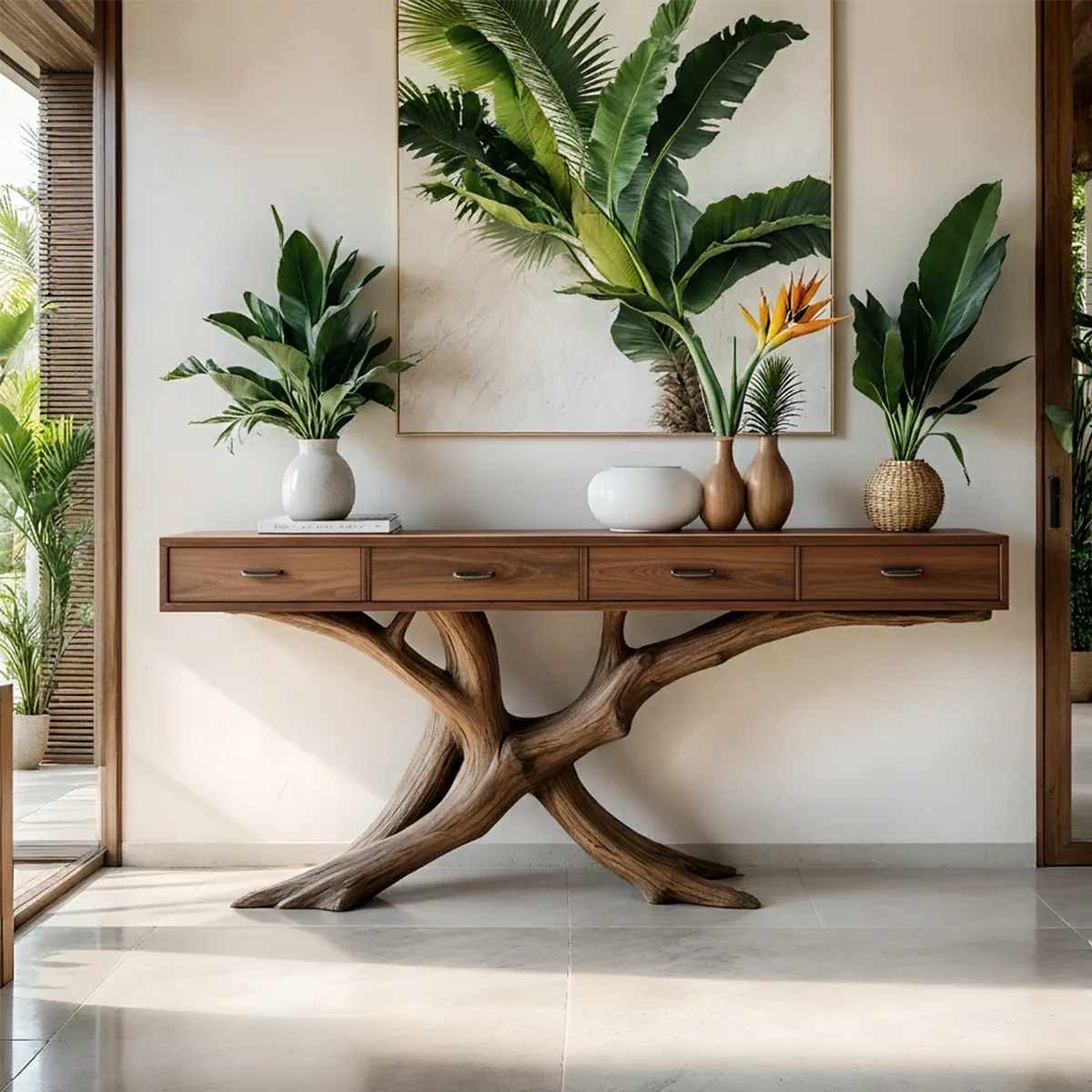 Solid Wood Console Table with Branch-Inspired Sculptural Base & Drawers - Rustira