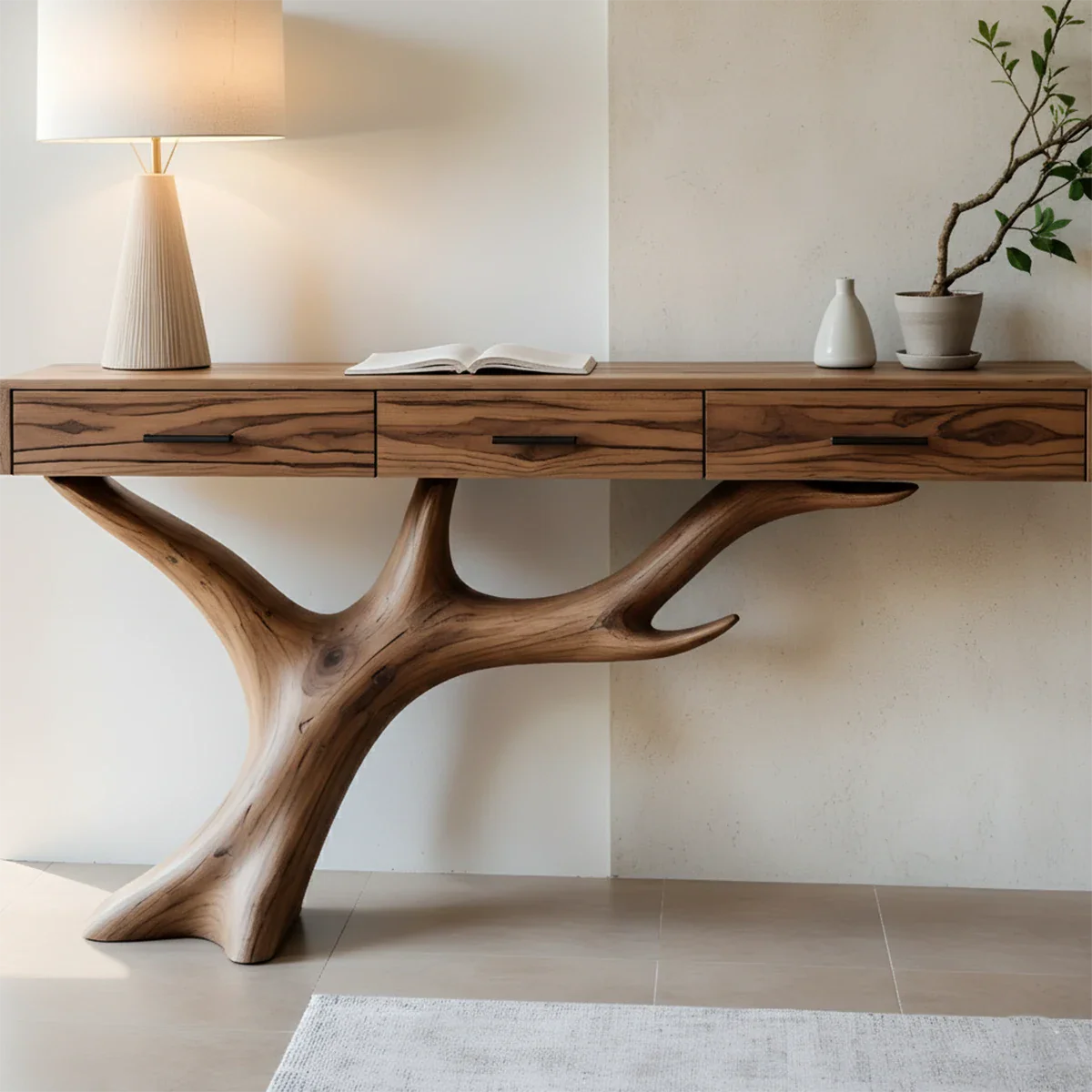 Solid Wood Console Table with Branch-Sculpted Base & Drawers - Rustira