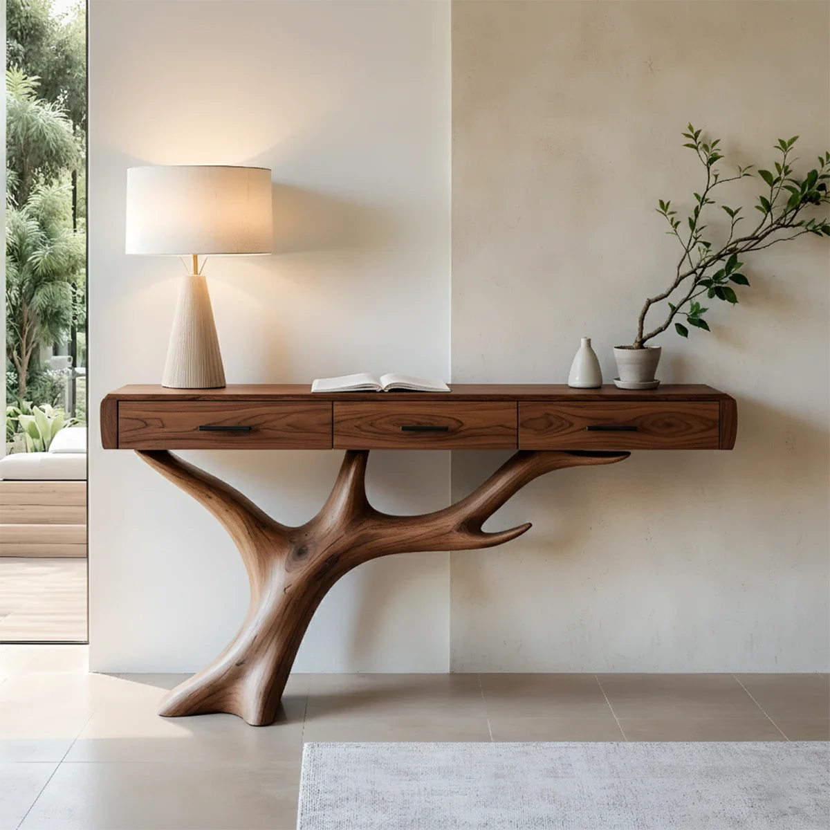 Solid Wood Console Table with Branch-Sculpted Base & Drawers - Rustira