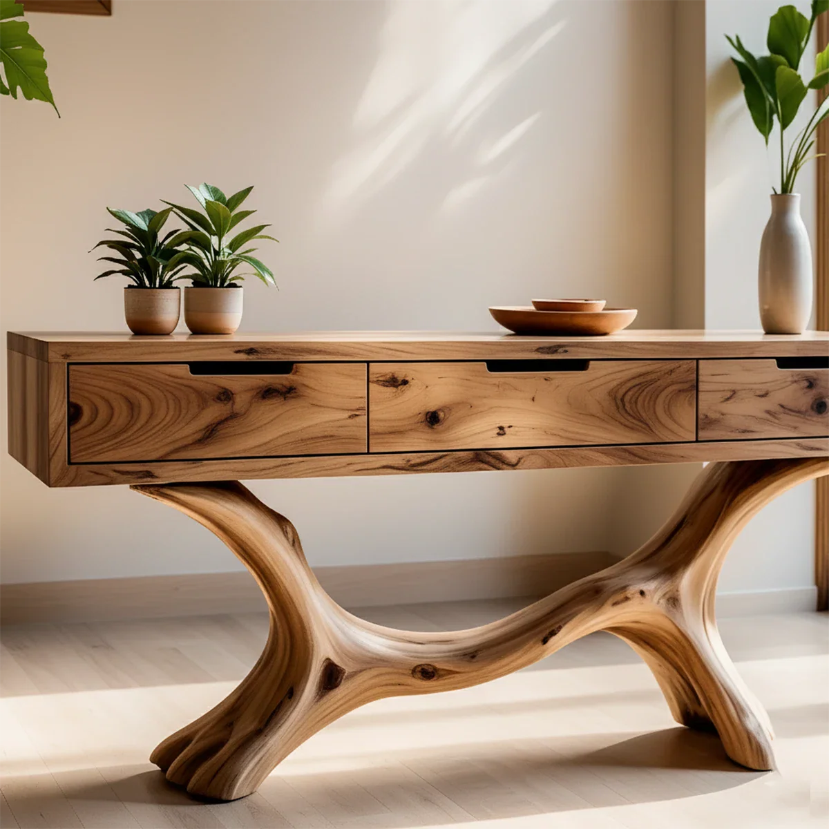 Solid Wood Console Table with Branch-Sculpted Base & Three Drawers - Rustira